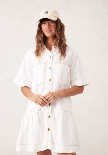 CERES LIFE SHORT SLEEVE TIERED POCKET SHIRTDRESS - FRESH ECRU