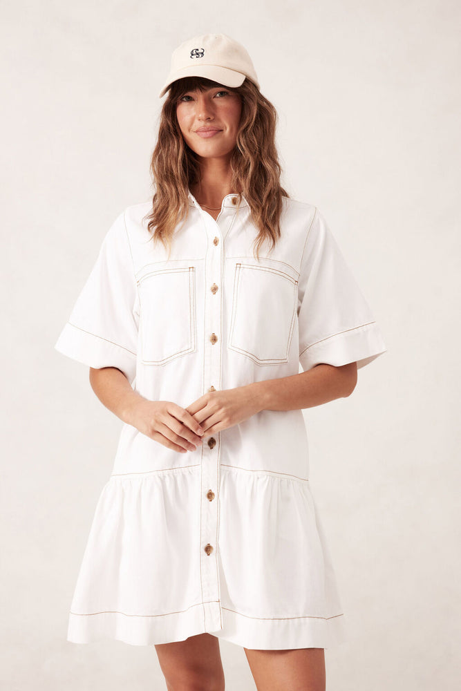 Load image into Gallery viewer, CERES LIFE SHORT SLEEVE TIERED POCKET SHIRTDRESS - FRESH ECRU