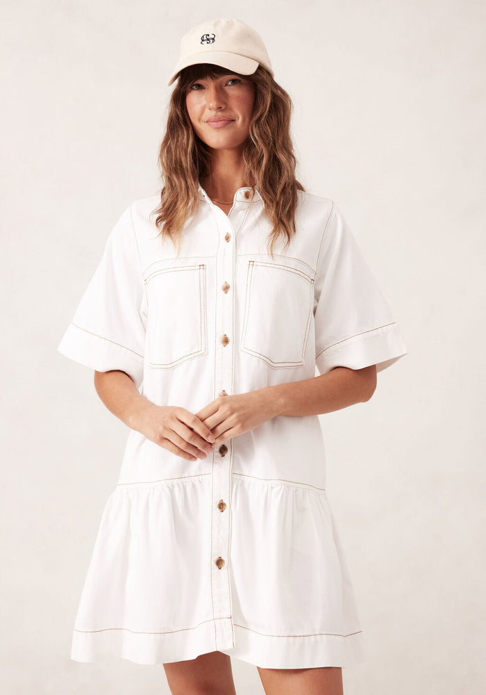 CERES LIFE SHORT SLEEVE TIERED POCKET SHIRTDRESS - FRESH ECRU