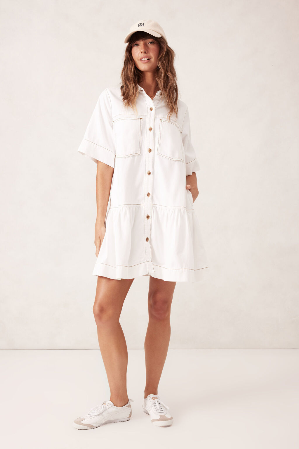 CERES LIFE SHORT SLEEVE TIERED POCKET SHIRTDRESS - FRESH ECRU