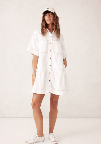 CERES LIFE SHORT SLEEVE TIERED POCKET SHIRTDRESS - FRESH ECRU