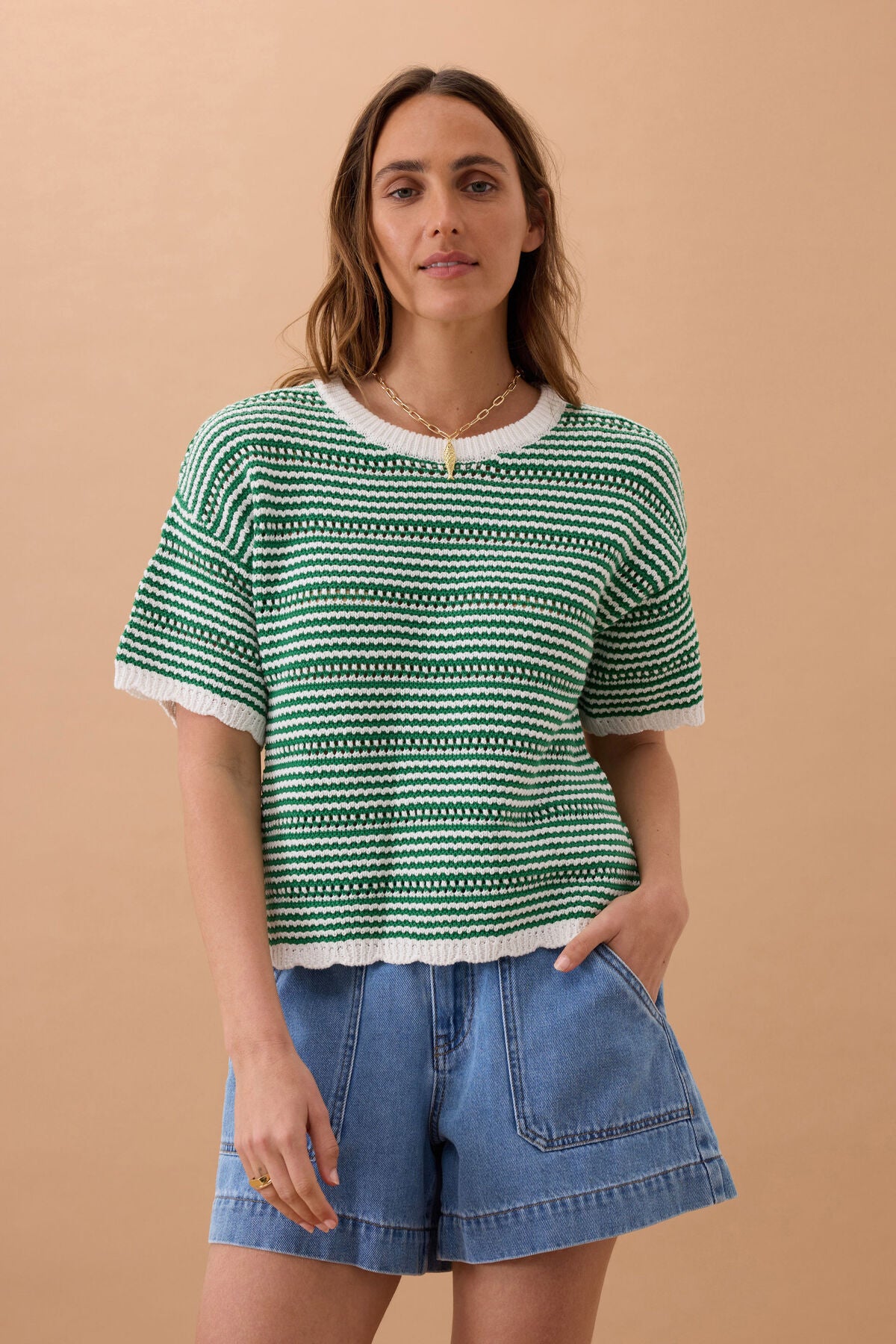 CERES LIFE NINA BOXY KNIT TEE - KELLY GREEN STRIPE