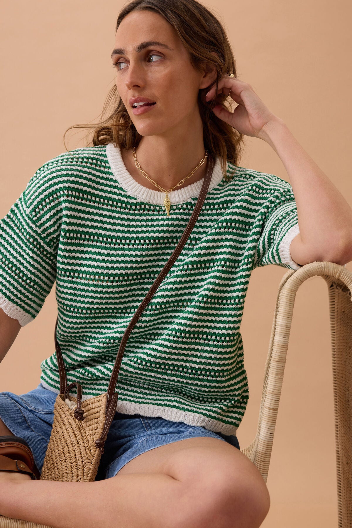 CERES LIFE NINA BOXY KNIT TEE - KELLY GREEN STRIPE