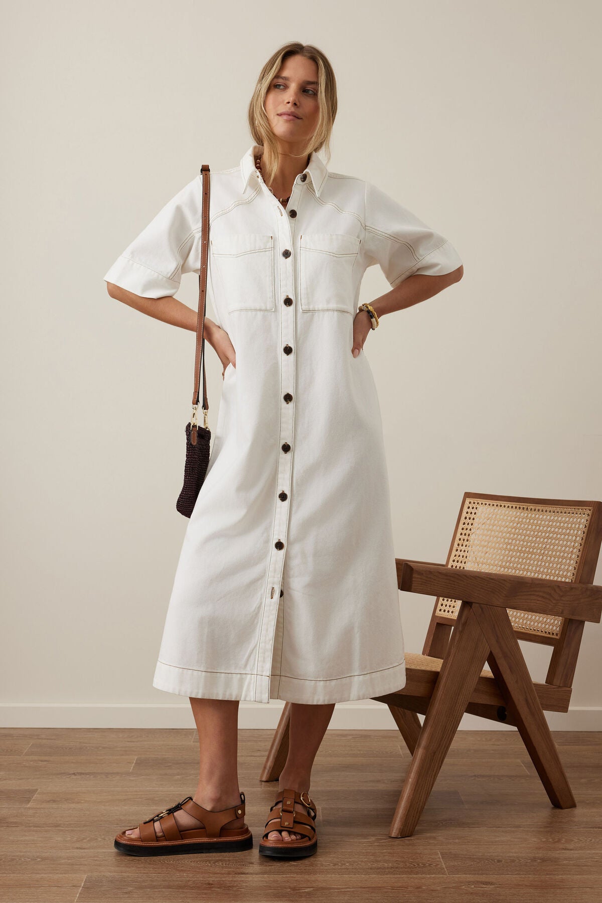 CERES LIFE AVA YOKE DETAIL MIDI DRESS - ECRU