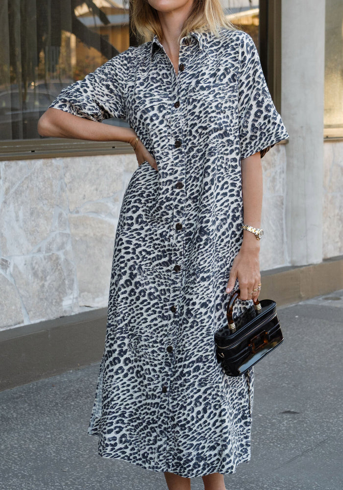 CERES LIFE AVA SHORT SLEEVE YOKE DETAIL MIDI DRESS - LEOPARD