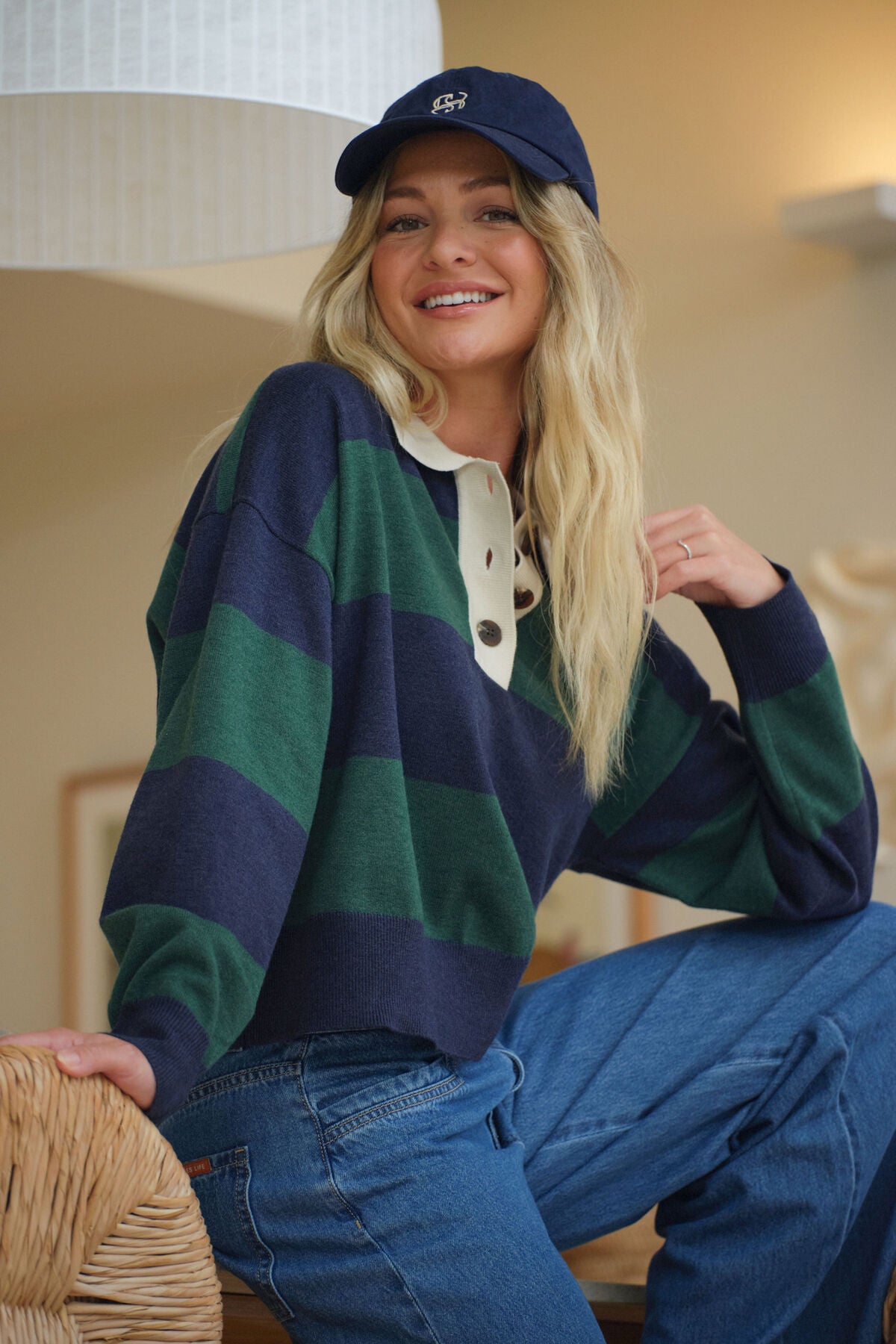 CERES LIFE LONG SLEEVE RUGBY KNIT - GREEN & NAVY STRIPE