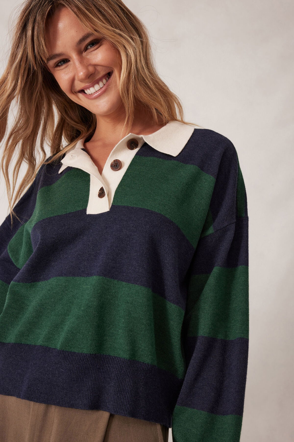 CERES LIFE LONG SLEEVE RUGBY KNIT - GREEN & NAVY STRIPE