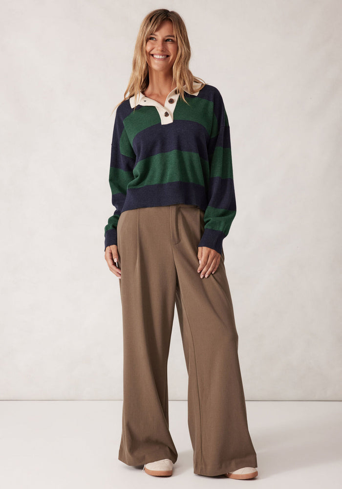 CERES LIFE LONG SLEEVE RUGBY KNIT - GREEN & NAVY STRIPE
