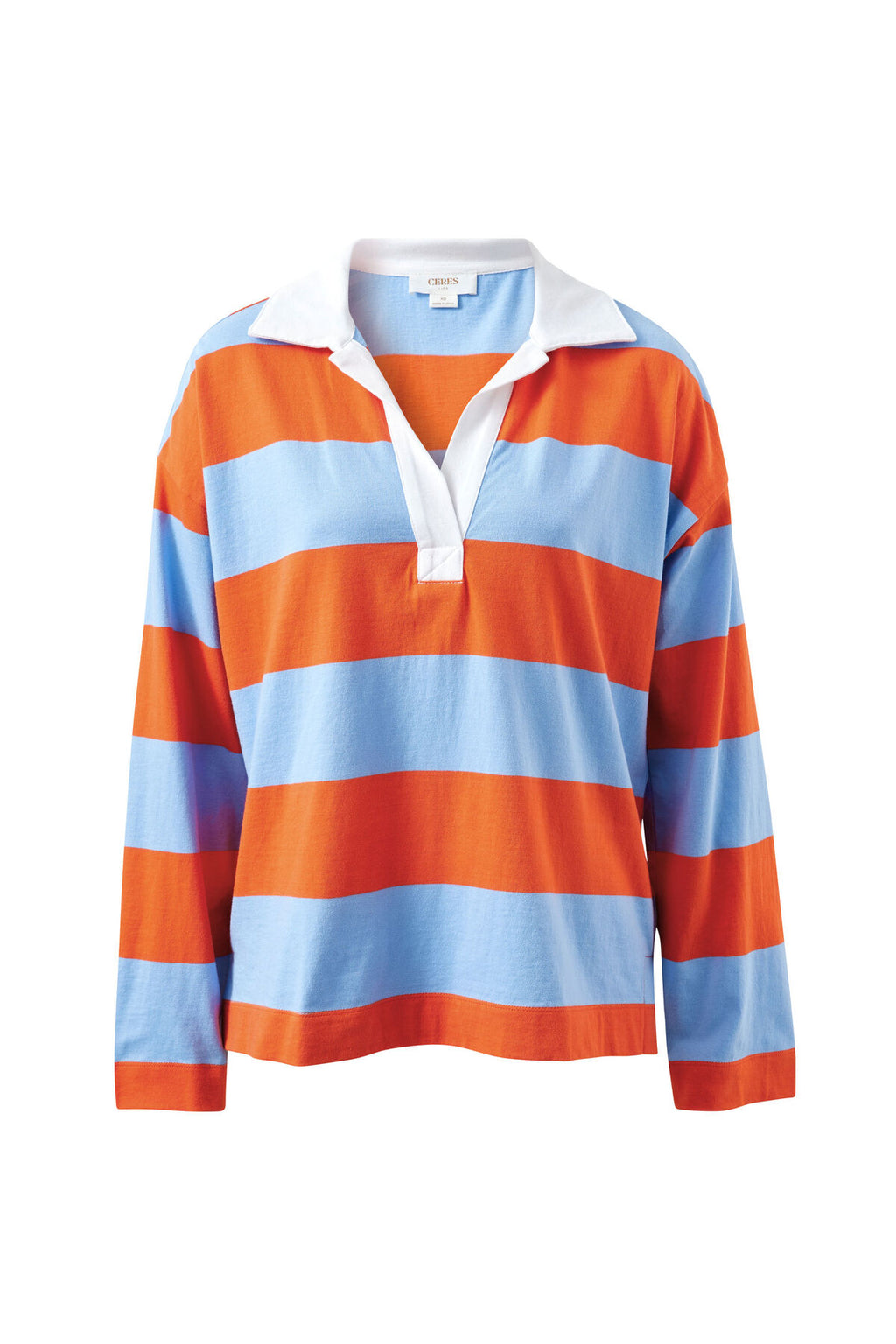 CERES LIFE SHELBY SLOUCHY RUGBY TOP - SKY BLUE/FLAME STRIPE