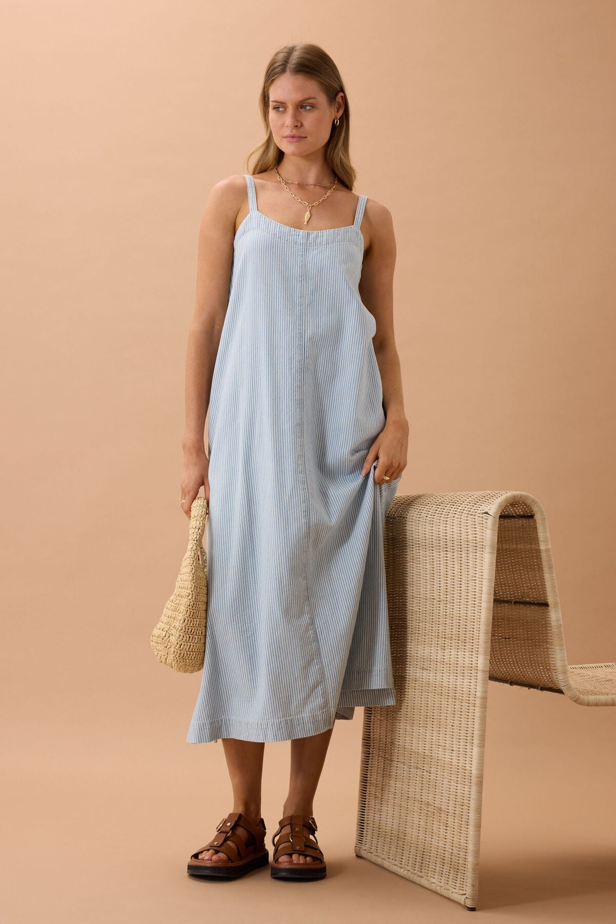 CERES LIFE REMY STRAPPY MIDI DRESS - INDIGO WHITE STRIPE