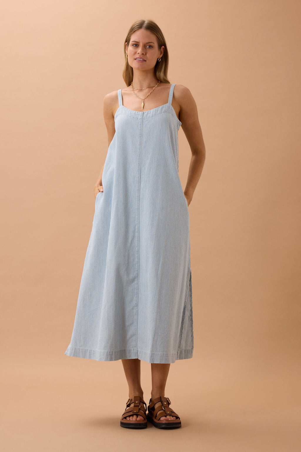 CERES LIFE REMY STRAPPY MIDI DRESS - INDIGO WHITE STRIPE