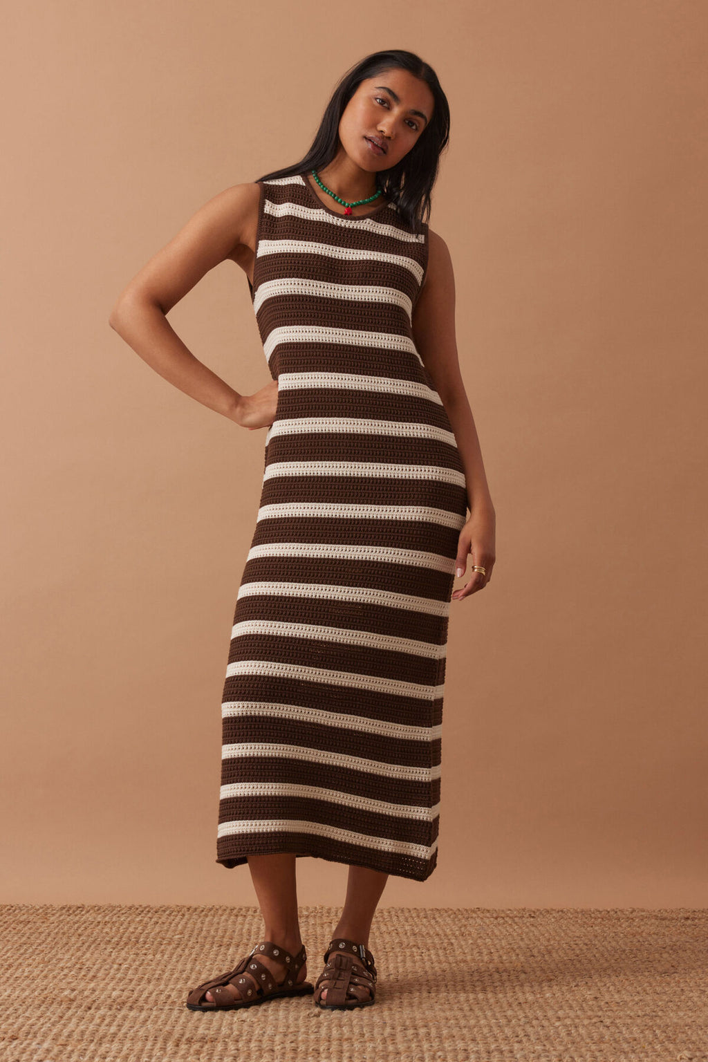 CERES LIFE MARGOT MESH KNIT TANK MIDI DRESS - CHOC STRIPE
