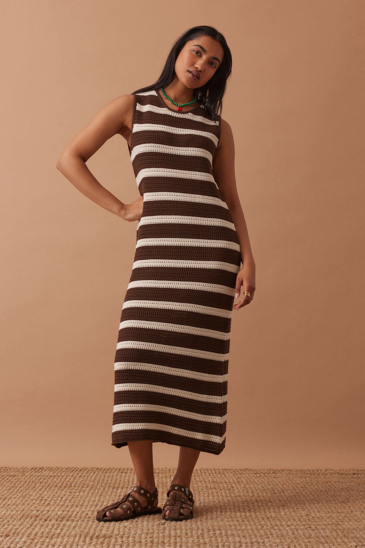 CERES LIFE MARGOT MESH KNIT TANK MIDI DRESS - CHOC STRIPE