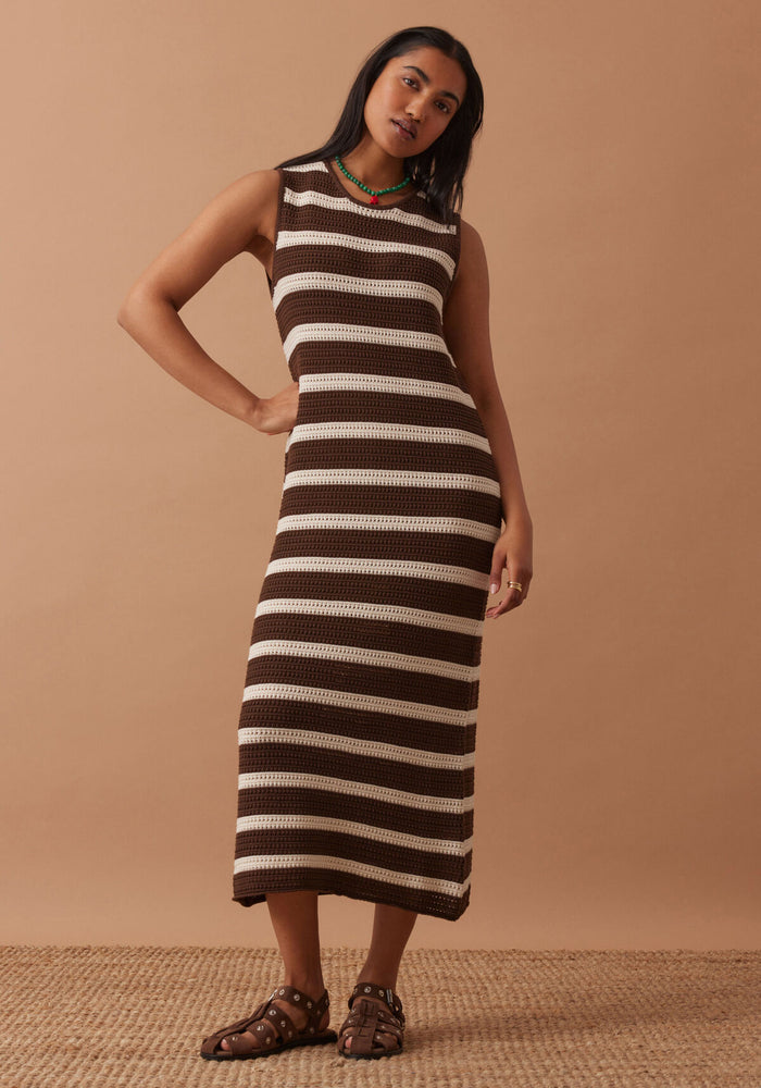 CERES LIFE MARGOT MESH KNIT TANK MIDI DRESS - CHOC STRIPE