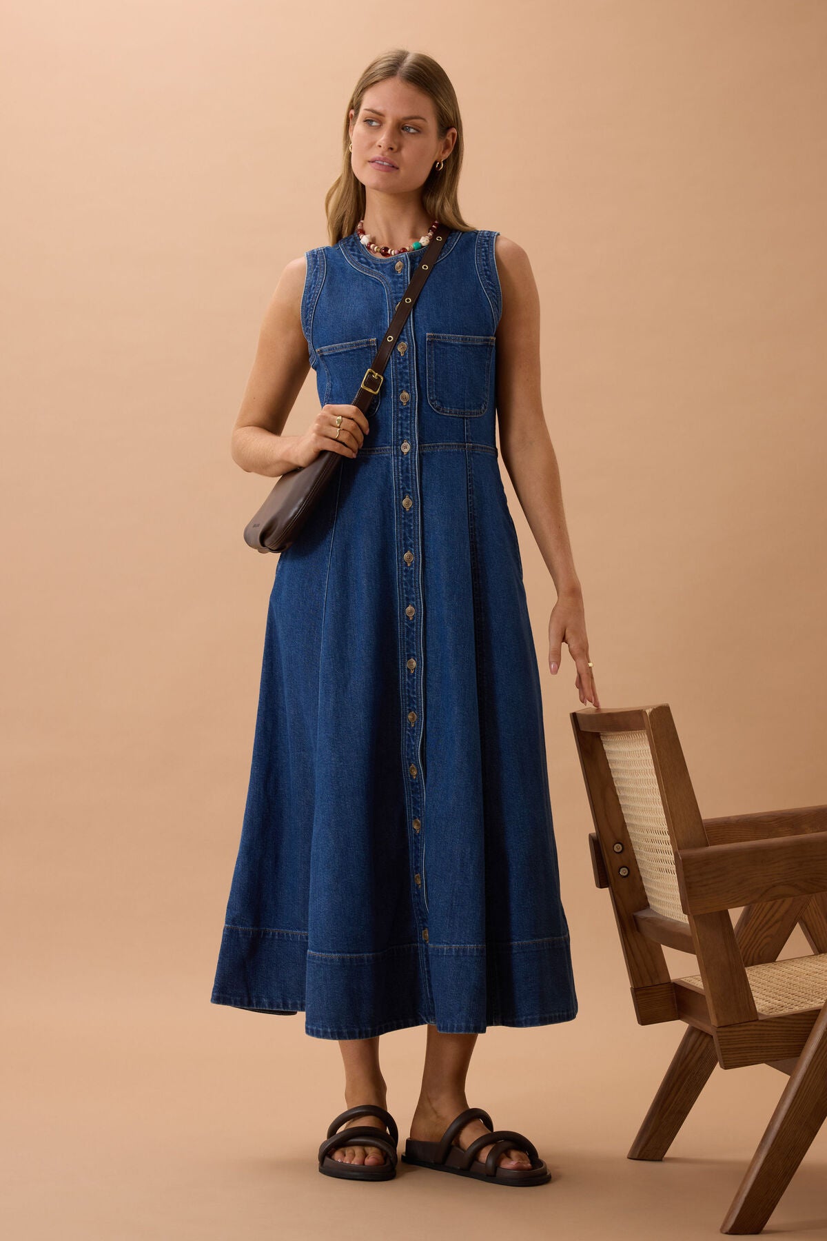 CERES LIFE HAZEL SLEEVELESS MIDI SHIRT DRESS - CASPIAN BLUE