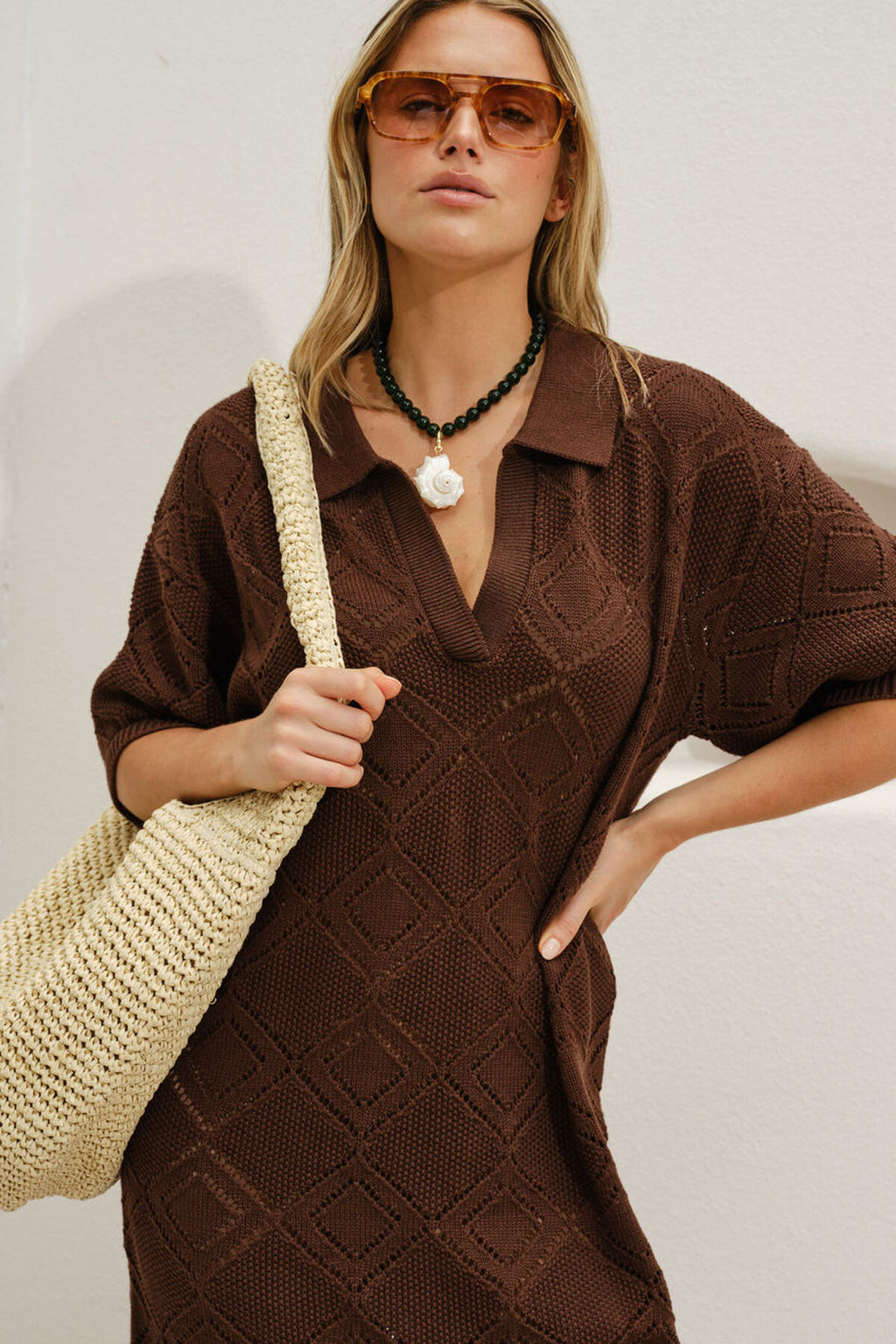 CERES LIFE DAISY DIAMOND KNIT MINI DRESS - CHOCOLATE