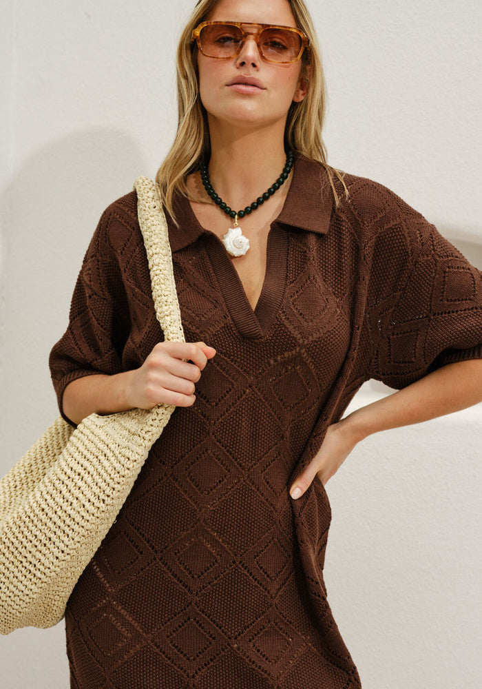 CERES LIFE DAISY DIAMOND KNIT MINI DRESS - CHOCOLATE