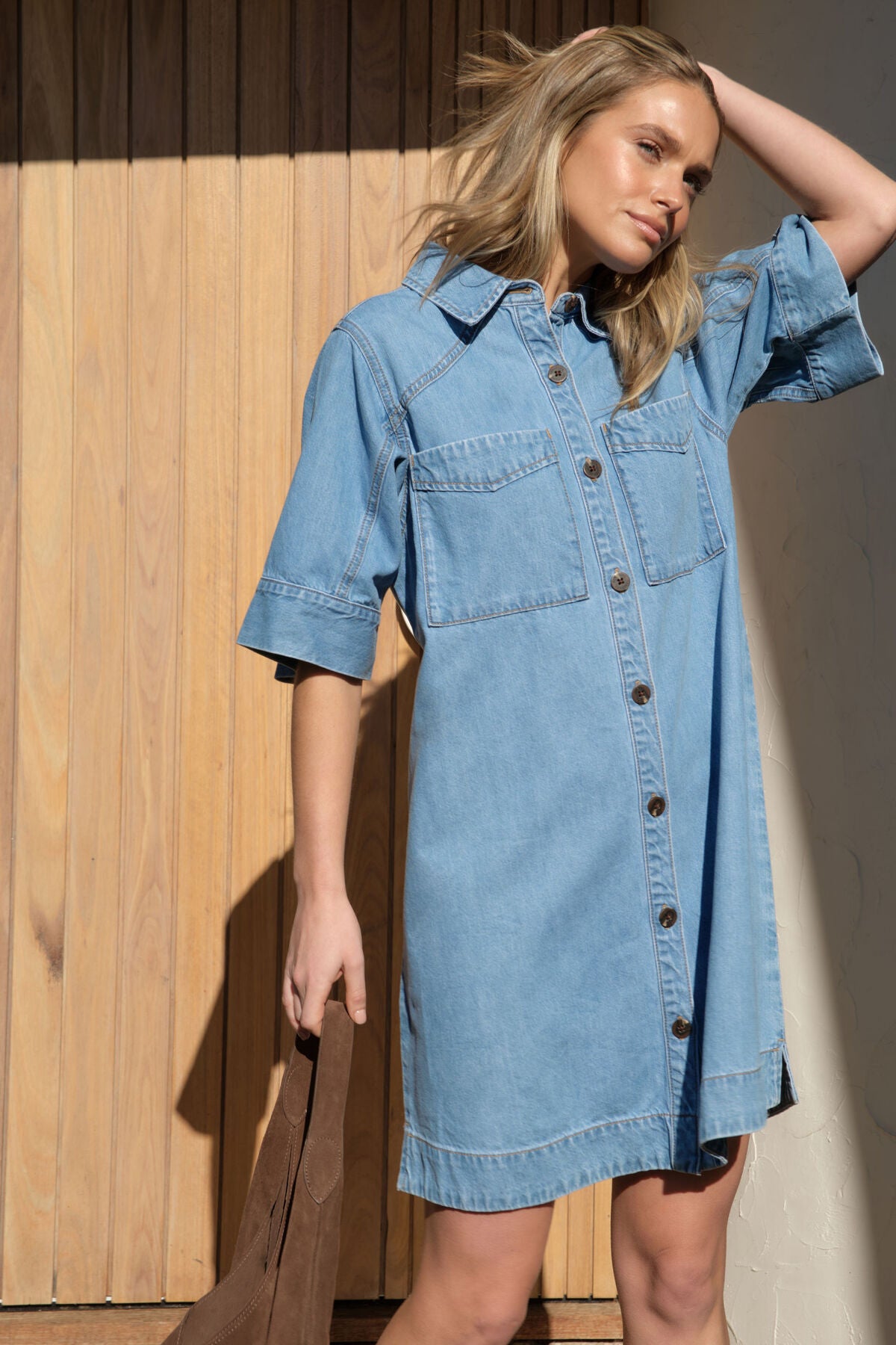 CERES LIFE AVA SHORT SLEEVE YOKE MINI DRESS - VINTAGE BLUE