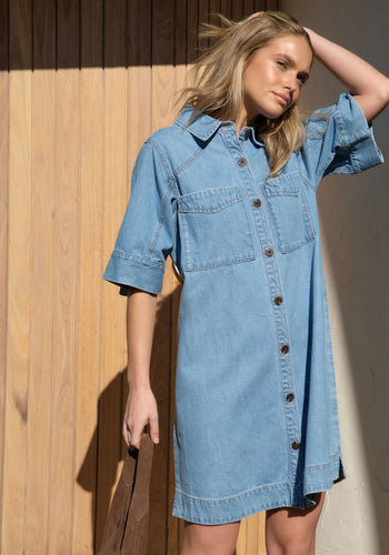 CERES LIFE AVA SHORT SLEEVE YOKE MINI DRESS - VINTAGE BLUE