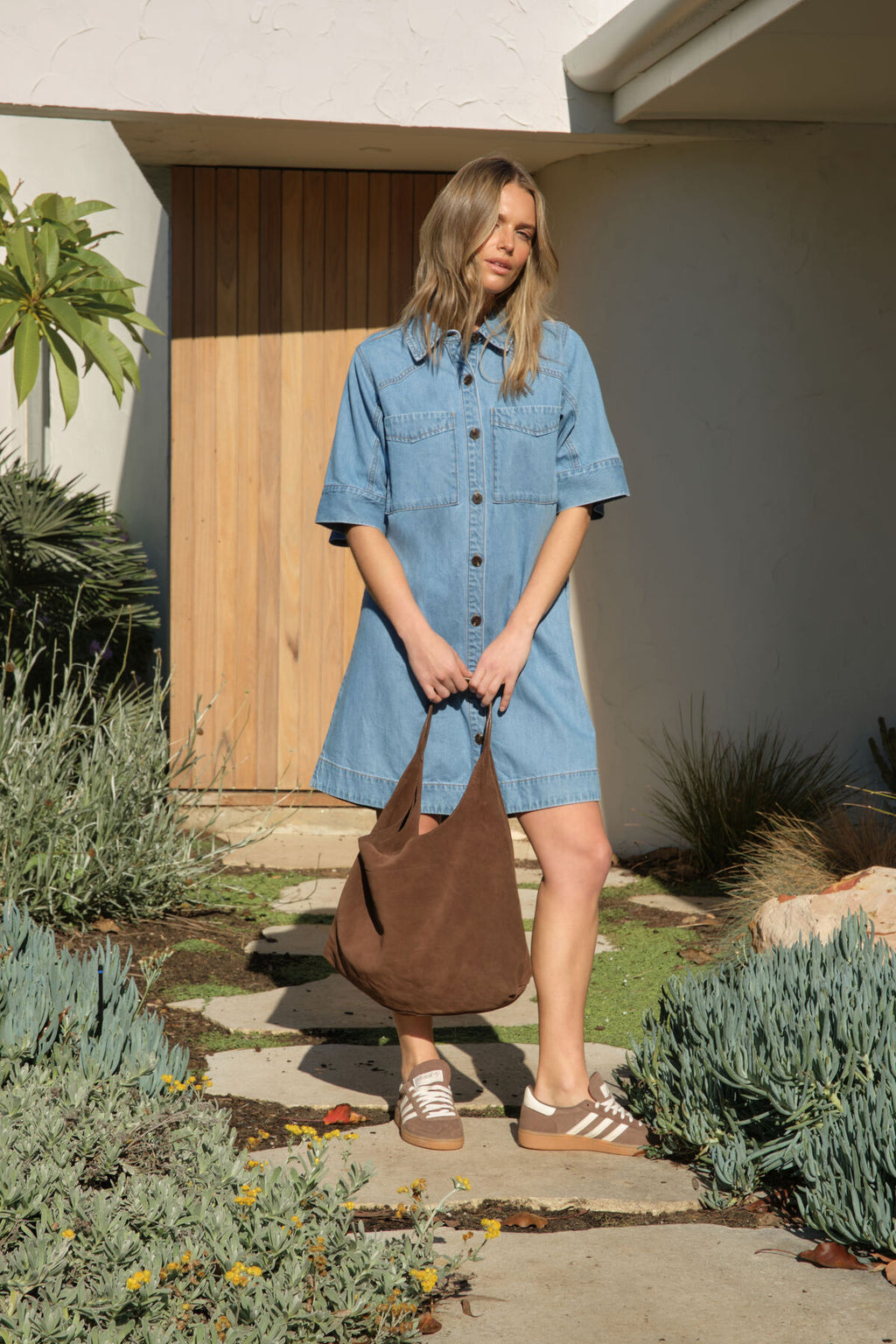 CERES LIFE AVA SHORT SLEEVE YOKE MINI DRESS - VINTAGE BLUE