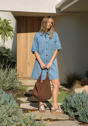 CERES LIFE AVA SHORT SLEEVE YOKE MINI DRESS - VINTAGE BLUE
