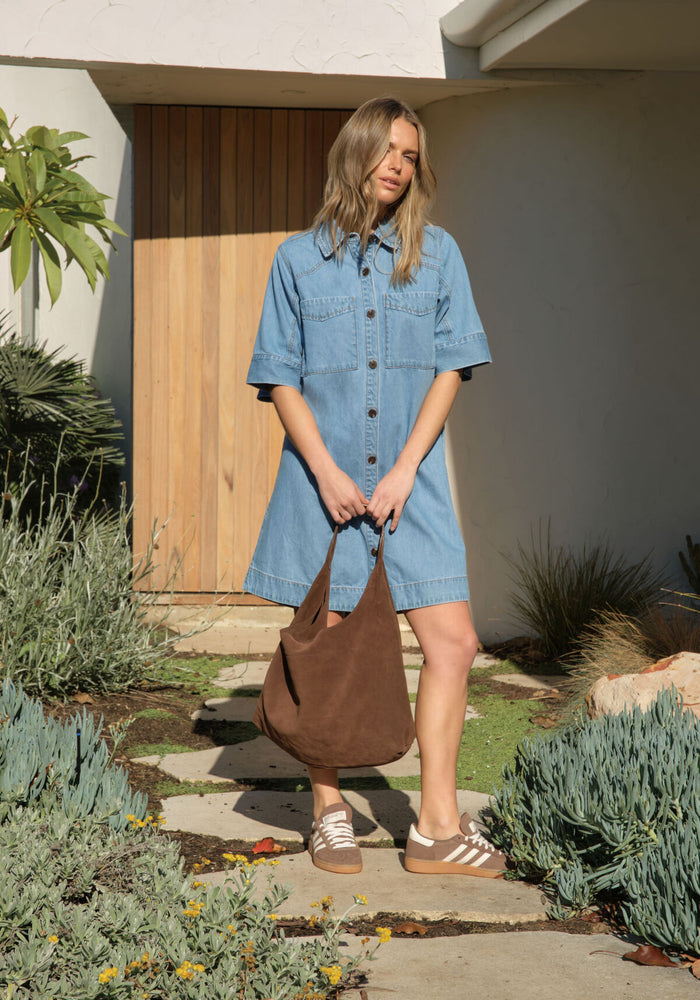 CERES LIFE AVA SHORT SLEEVE YOKE MINI DRESS - VINTAGE BLUE