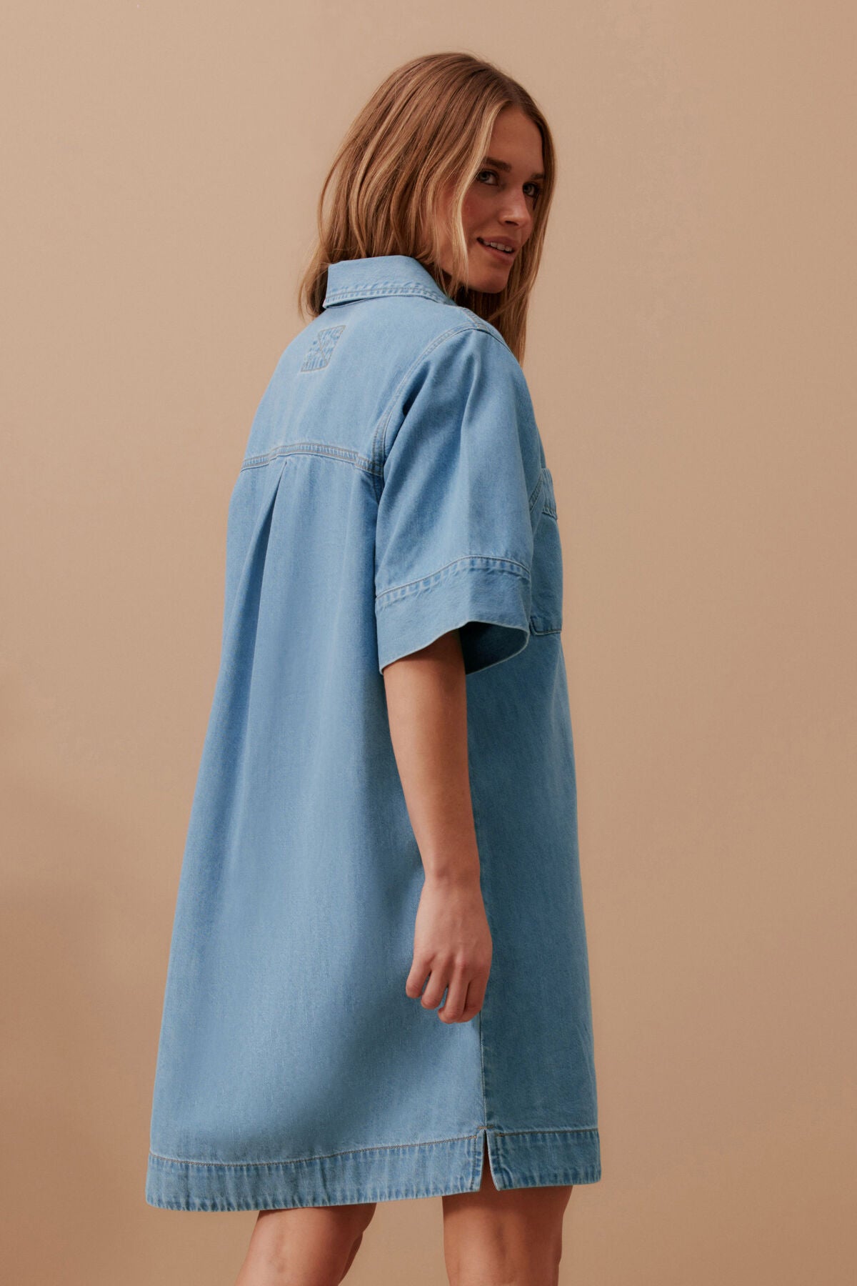 CERES LIFE AVA SHORT SLEEVE YOKE MINI DRESS - VINTAGE BLUE