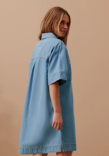 CERES LIFE AVA SHORT SLEEVE YOKE MINI DRESS - VINTAGE BLUE