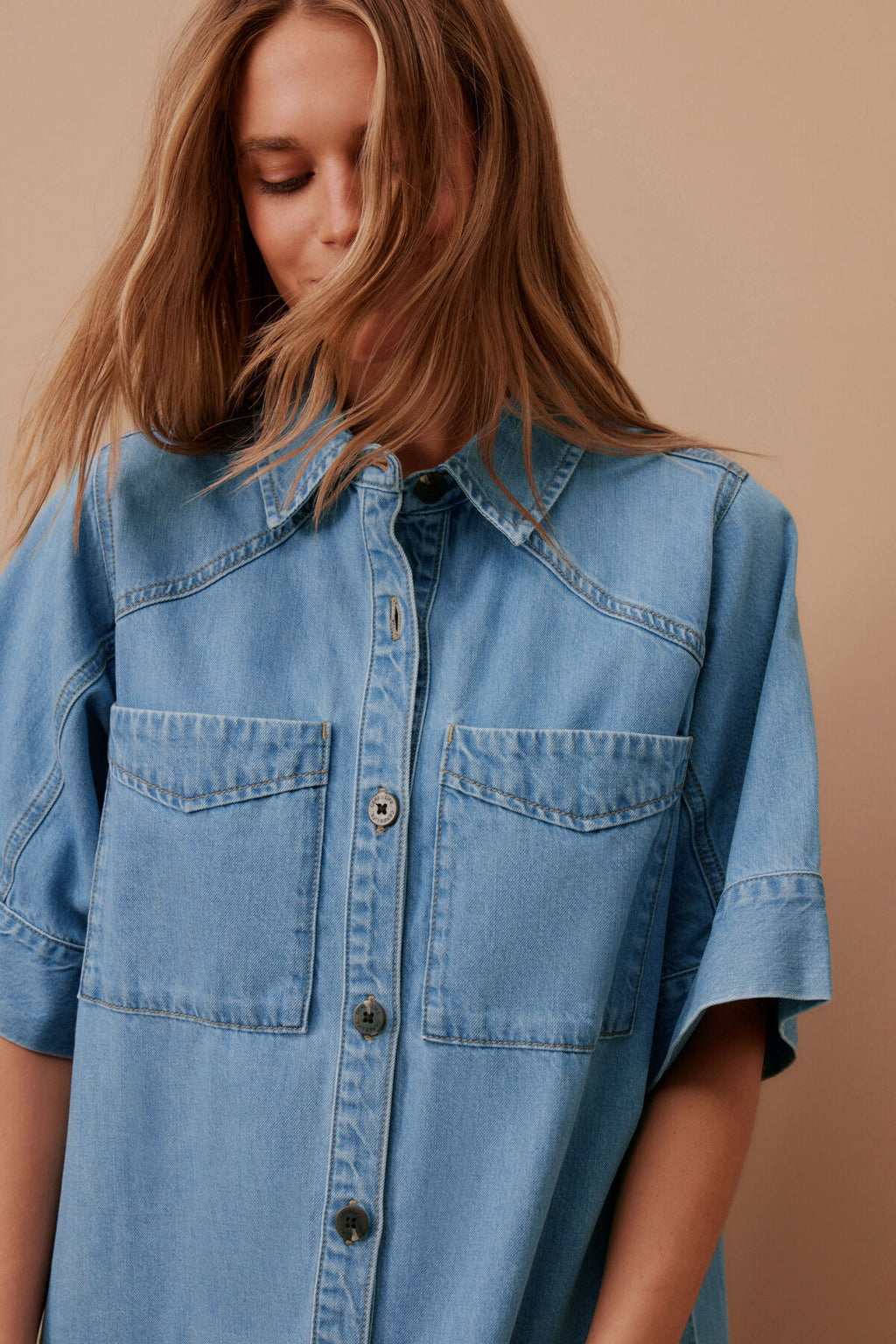 CERES LIFE AVA SHORT SLEEVE YOKE MINI DRESS - VINTAGE BLUE