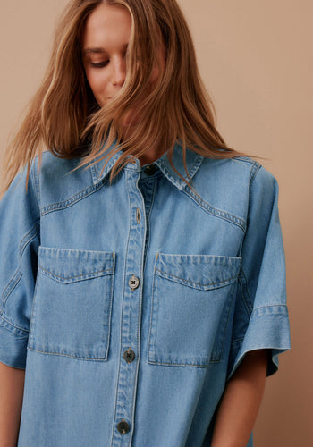 CERES LIFE AVA SHORT SLEEVE YOKE MINI DRESS - VINTAGE BLUE