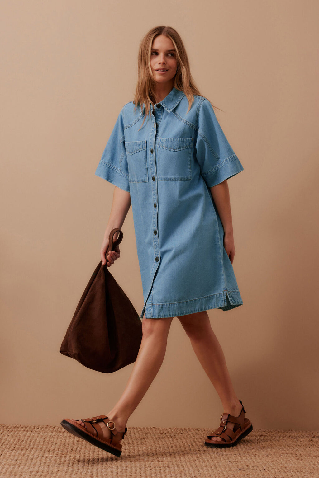 CERES LIFE AVA SHORT SLEEVE YOKE MINI DRESS - VINTAGE BLUE