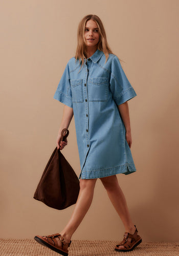 CERES LIFE AVA SHORT SLEEVE YOKE MINI DRESS - VINTAGE BLUE