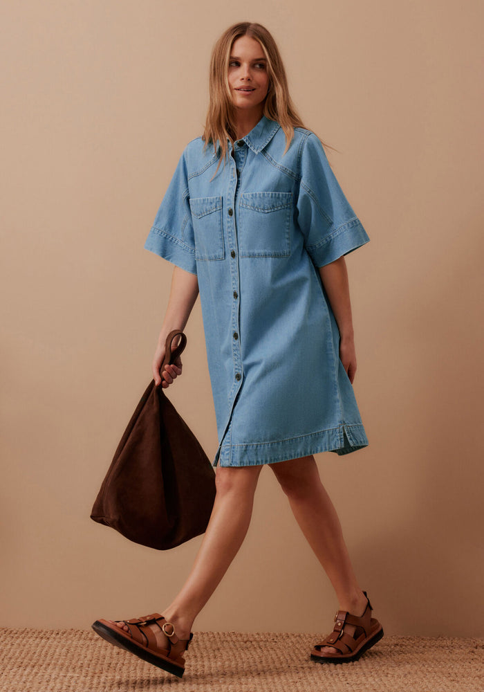 CERES LIFE AVA SHORT SLEEVE YOKE MINI DRESS - VINTAGE BLUE