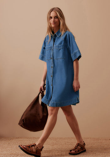 CERES LIFE AVA SHORT SLEEVE YOKE MINI DRESS - FRESH INDIGO