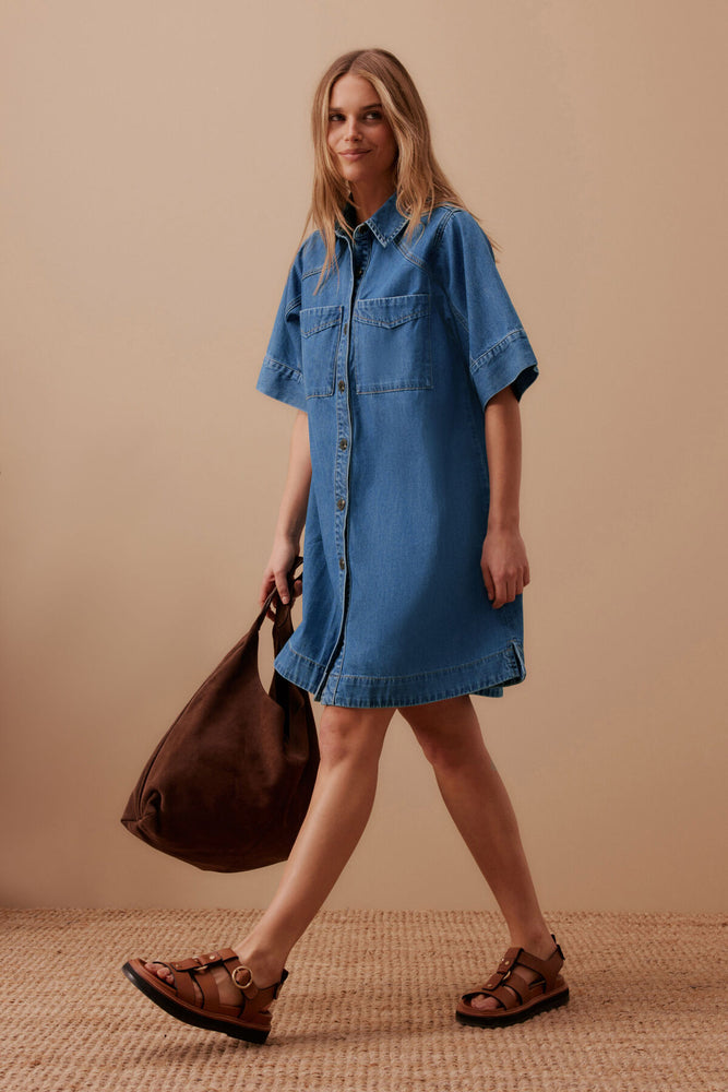 Load image into Gallery viewer, CERES LIFE AVA SHORT SLEEVE YOKE MINI DRESS - FRESH INDIGO