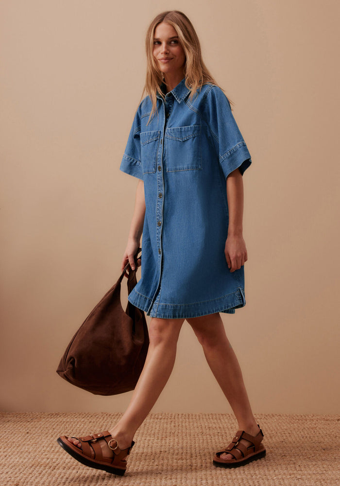 CERES LIFE AVA SHORT SLEEVE YOKE MINI DRESS - FRESH INDIGO