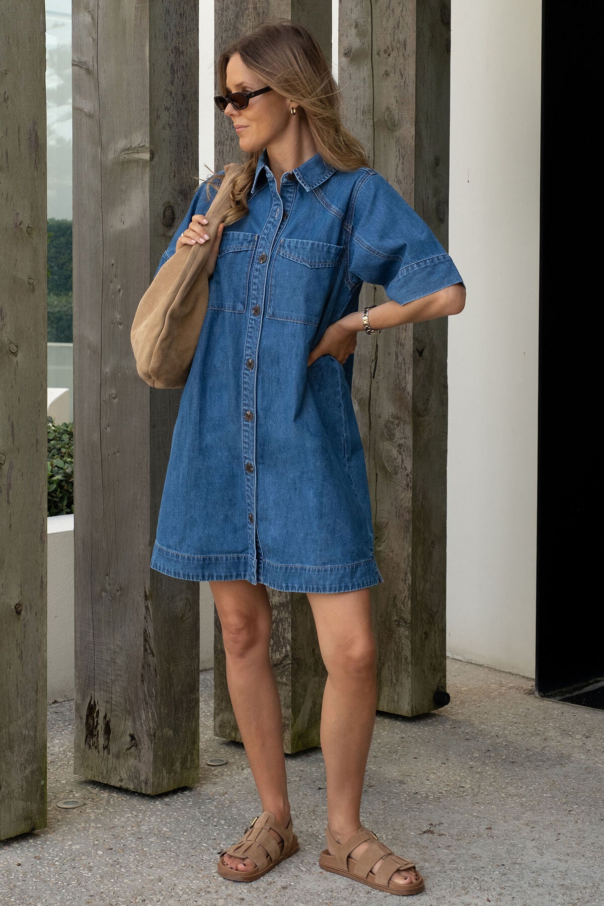 CERES LIFE AVA SHORT SLEEVE YOKE MINI DRESS - FRESH INDIGO