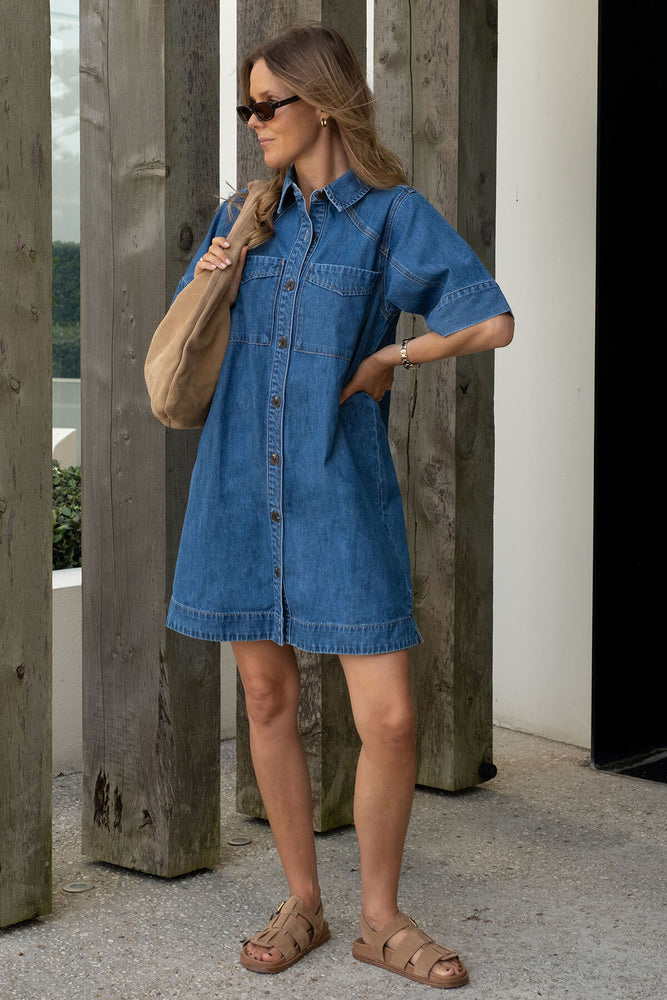 Load image into Gallery viewer, CERES LIFE AVA SHORT SLEEVE YOKE MINI DRESS - FRESH INDIGO
