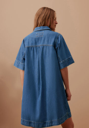 CERES LIFE AVA SHORT SLEEVE YOKE MINI DRESS - FRESH INDIGO