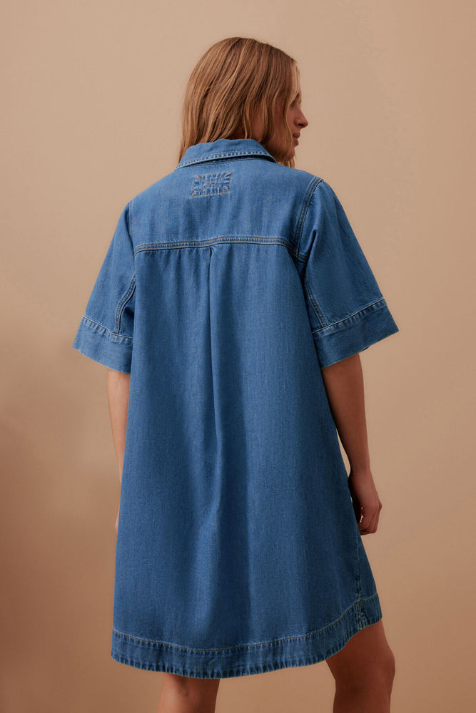 Load image into Gallery viewer, CERES LIFE AVA SHORT SLEEVE YOKE MINI DRESS - FRESH INDIGO