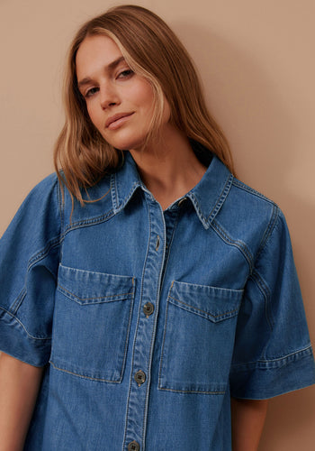 CERES LIFE AVA SHORT SLEEVE YOKE MINI DRESS - FRESH INDIGO