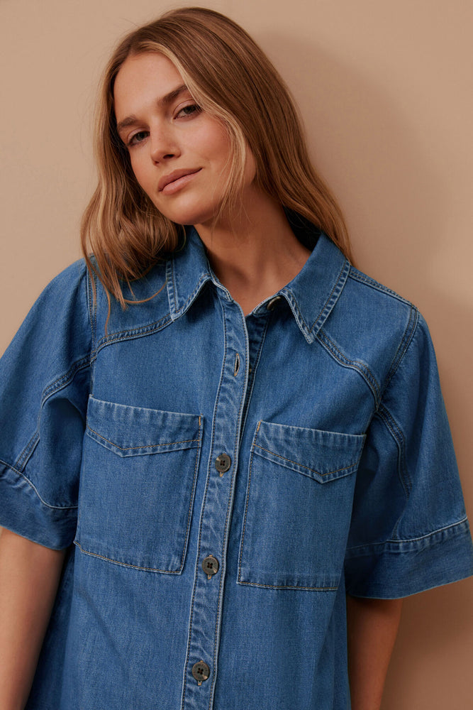 Load image into Gallery viewer, CERES LIFE AVA SHORT SLEEVE YOKE MINI DRESS - FRESH INDIGO