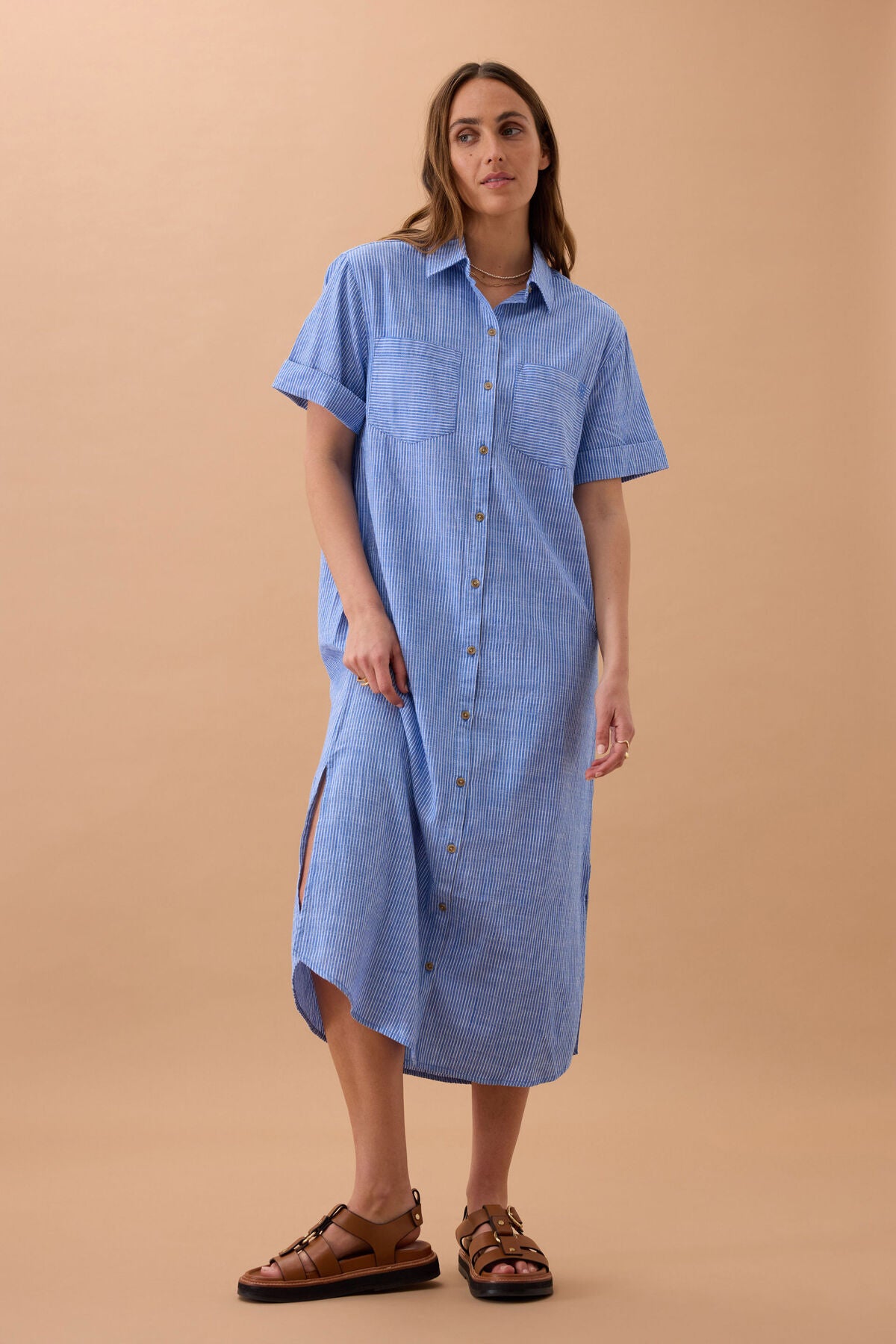 CERES LIFE HANNA MIDI SHIRT DRESS - COBALT STRIPE