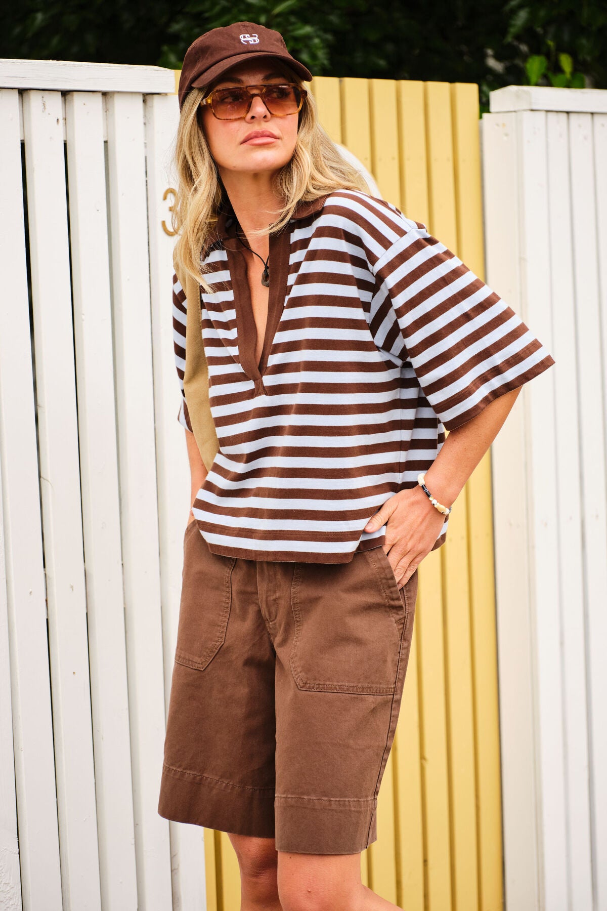 CERES LIFE ARLIE SHORT SLEEVE RUGBY - CHOC/CHALK STRIPE