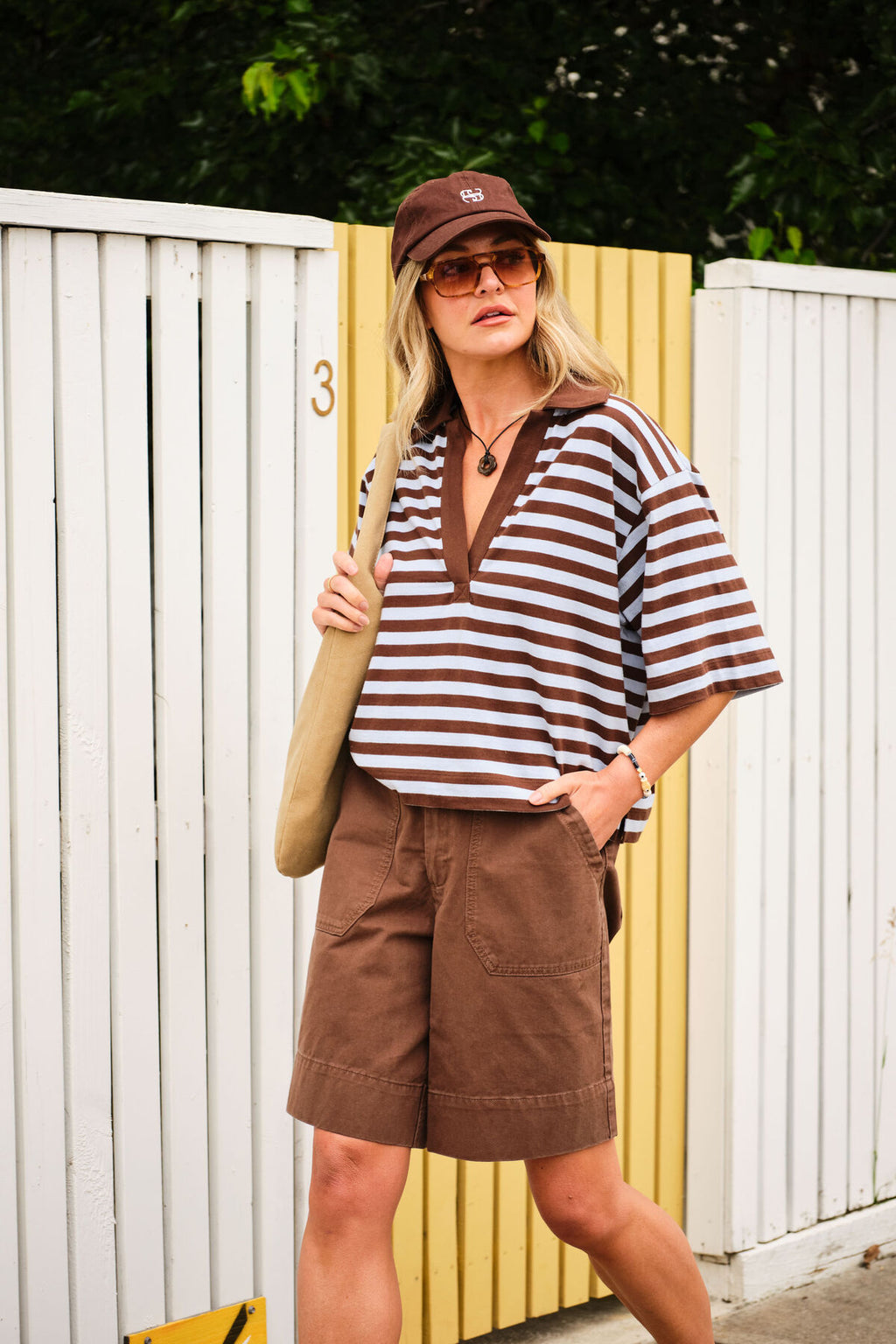 CERES LIFE ARLIE SHORT SLEEVE RUGBY - CHOC/CHALK STRIPE