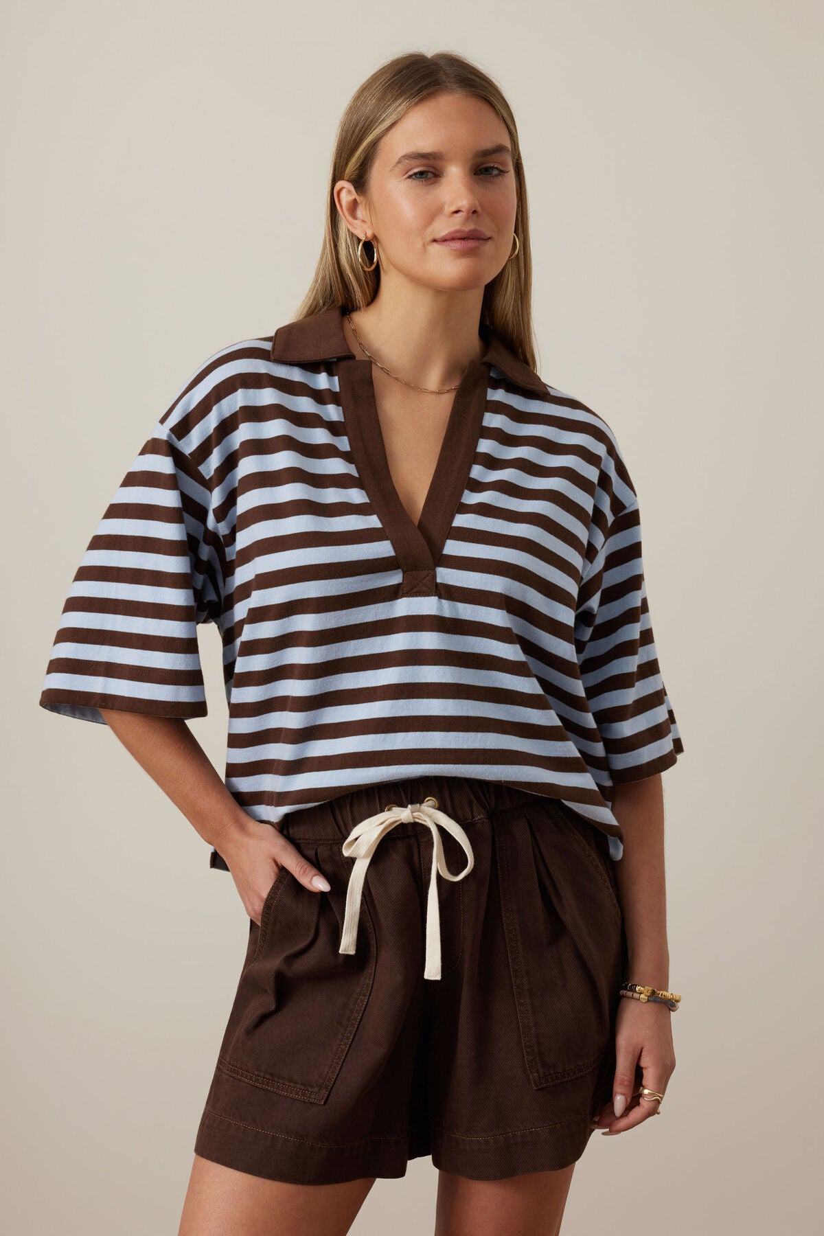 CERES LIFE ARLIE SHORT SLEEVE RUGBY - CHOC/CHALK STRIPE
