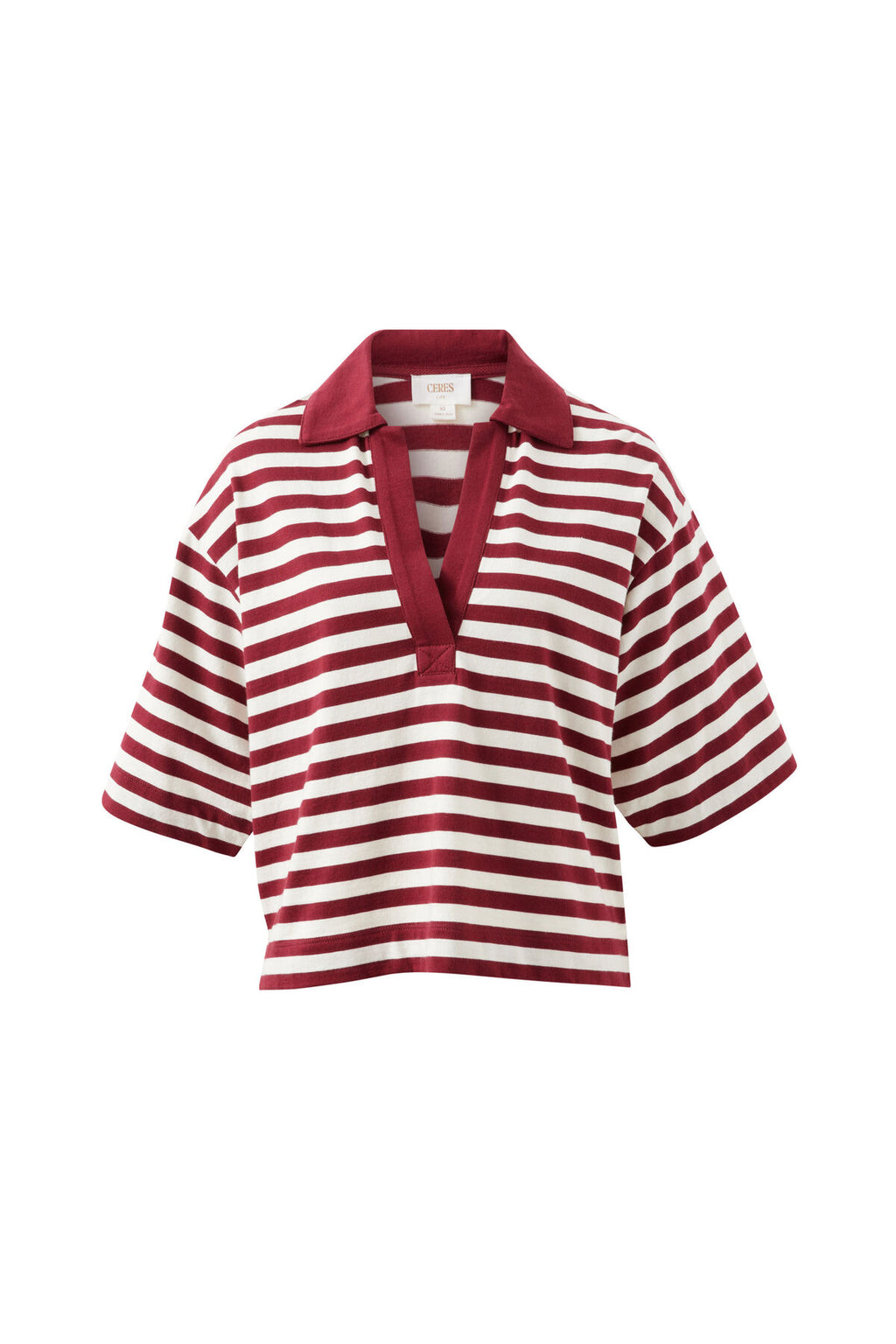 CERES LIFE ARLIE SHORT SLEEVE RUGBY - BURGUNDY/MILK STRIPE