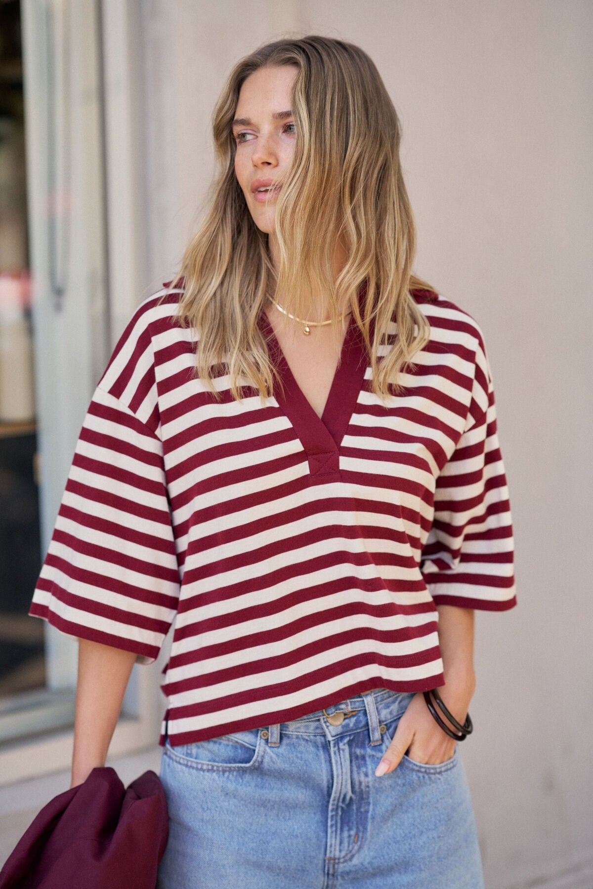 CERES LIFE ARLIE SHORT SLEEVE RUGBY - BURGUNDY/MILK STRIPE