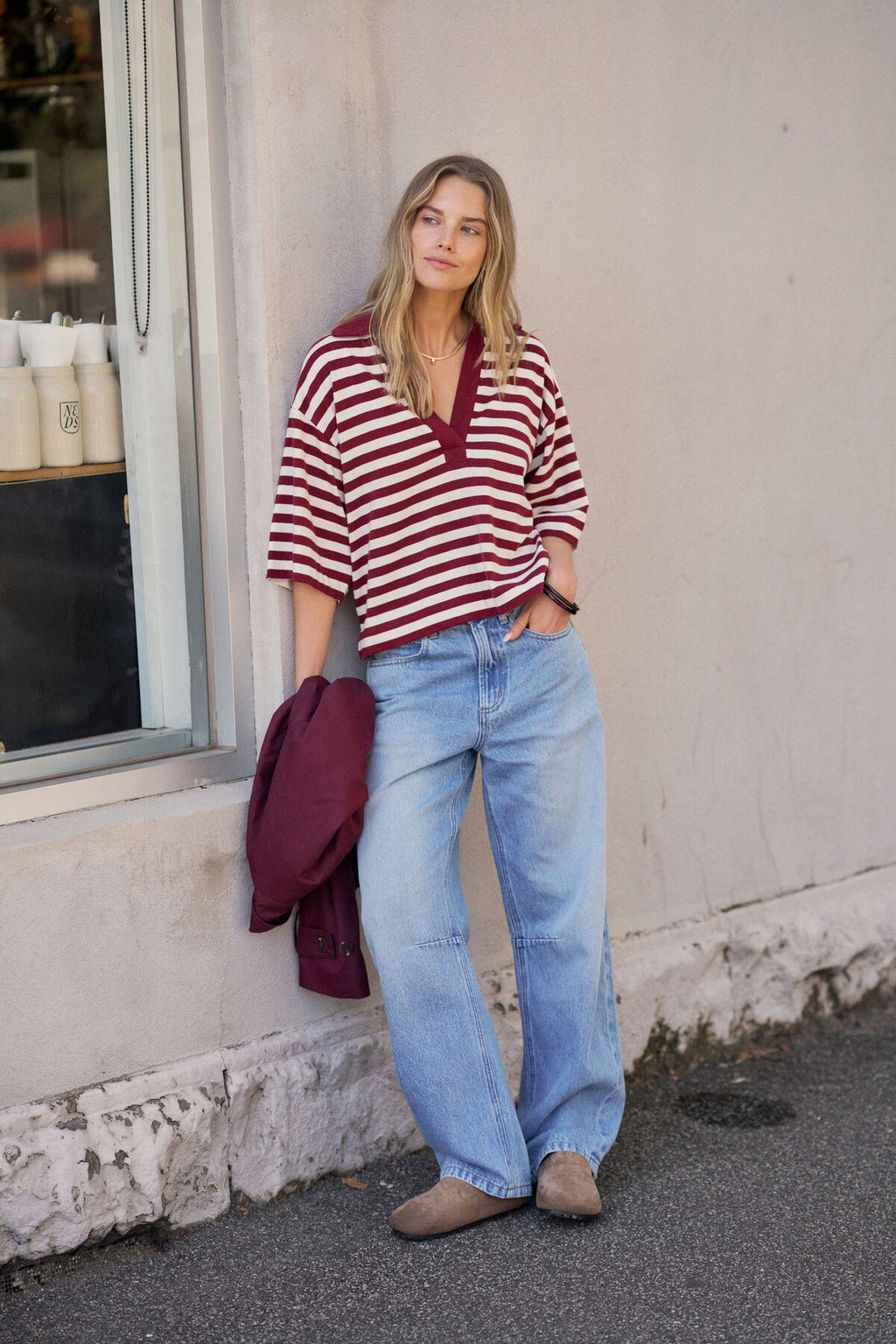 CERES LIFE ARLIE SHORT SLEEVE RUGBY - BURGUNDY/MILK STRIPE