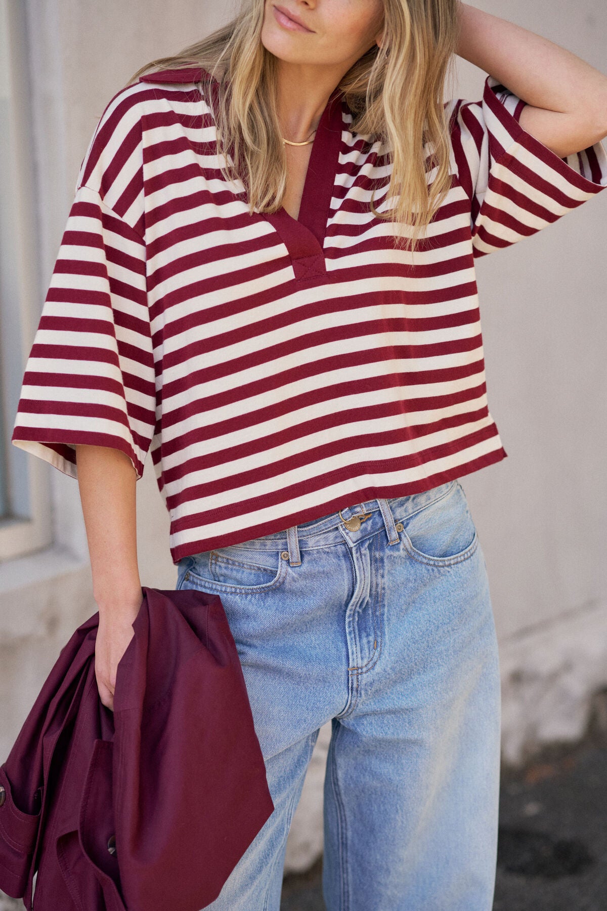 CERES LIFE ARLIE SHORT SLEEVE RUGBY - BURGUNDY/MILK STRIPE